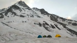 High altitude camp in snow.