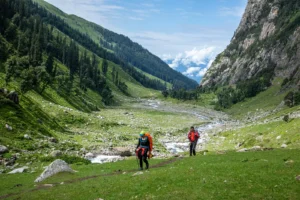Hiking through vast mountain meadows