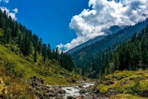 Lush valley river crossing.