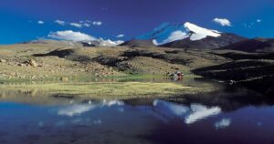 Peak reflections in glacial waters